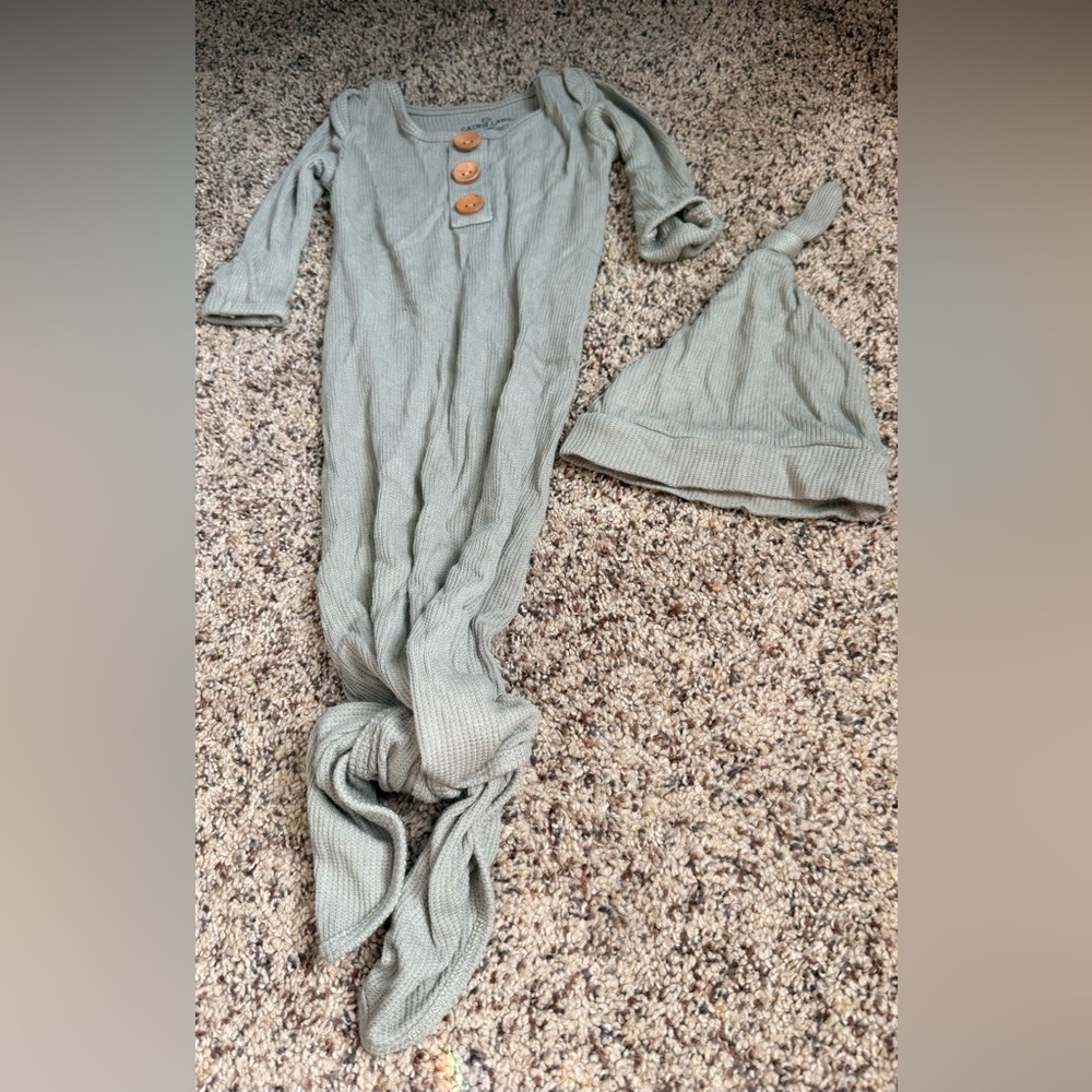 Caden Lane Sage Green newborn Knotted Sleep Gown and Hat Set
